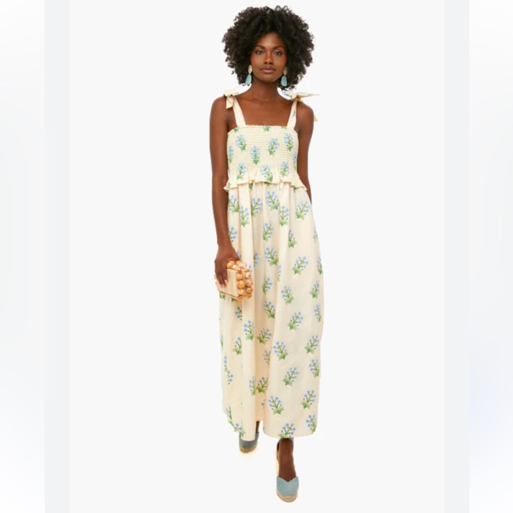SZ Small Tuckernuck Cream Floral Sleeveless Smocked Midi Dress Tie Straps